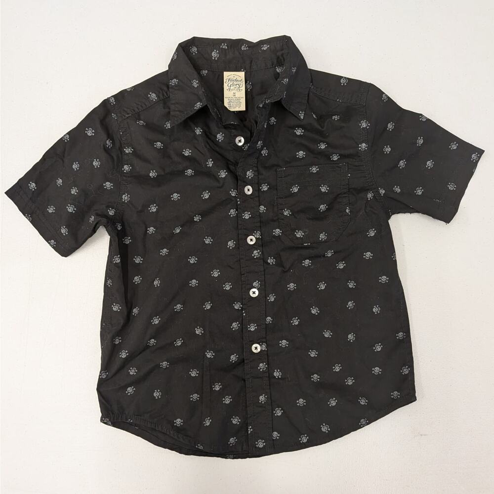 Faded Glory Boys Skull Print Button Up Shirt Black Short Sleeve Size M 8